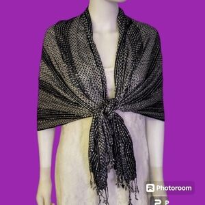 Vtg KENSIE Black Metallic Silver Disco Fringe Holiday Wrap Shawl